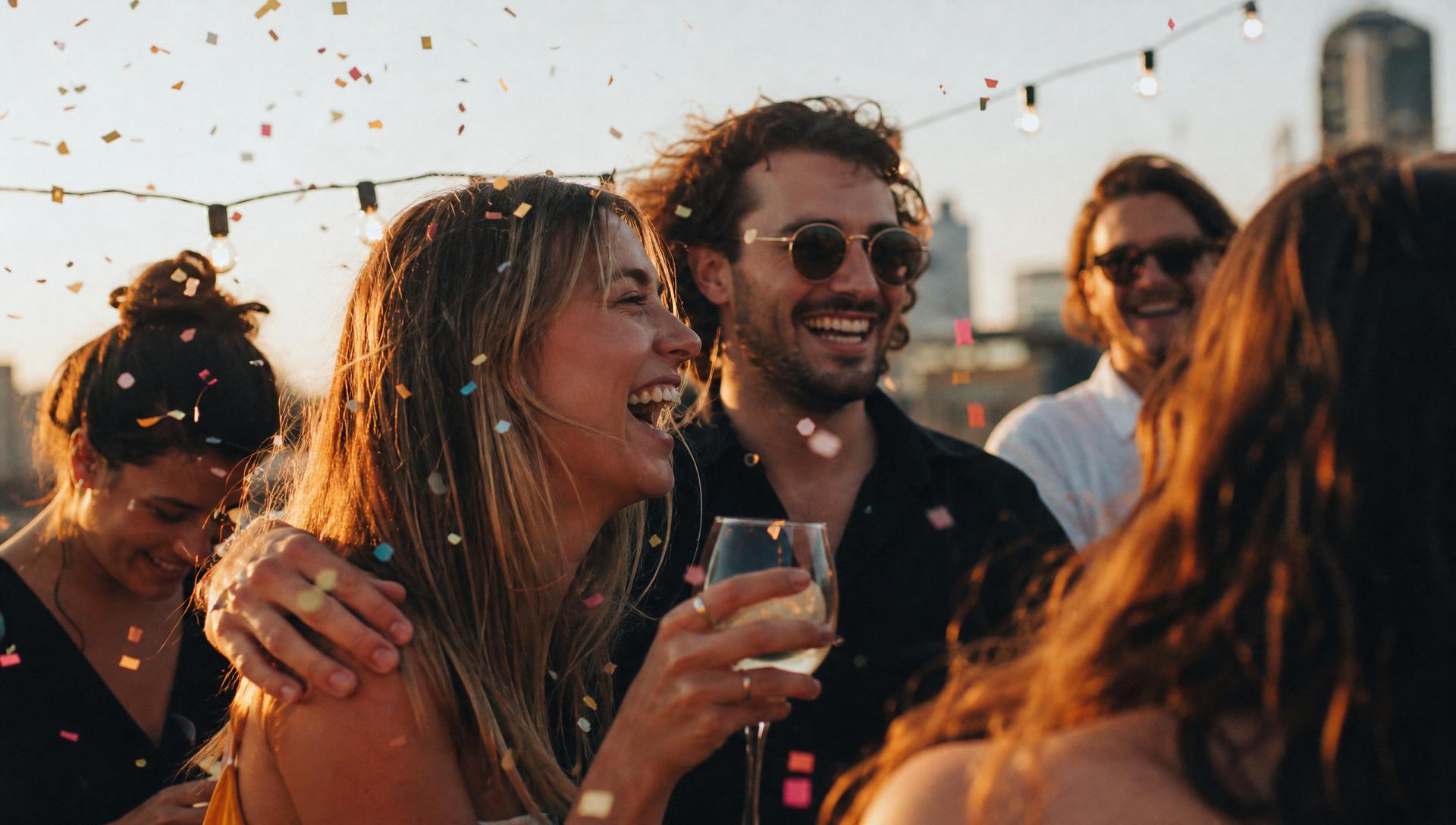 Friends celebrating on colorful pool floats